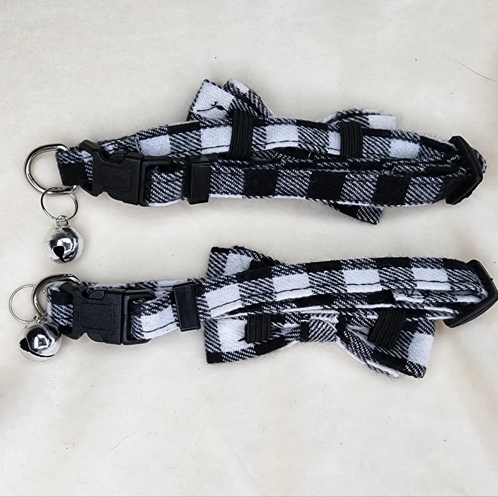 Plaid Black and White Cat Collar with Bell